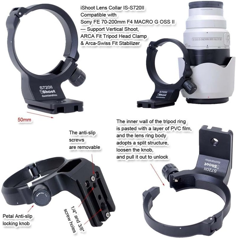 iShoot Tripod Mount Ring Lens Collar Compatible with Sony FE 70-200mm F/4 Macro G OSS II, Lens Support Holder Bracket Bottom Arca-Swiss Fit Quick Release Plate for Arca Clamp Head & Stabilizer - Image 3